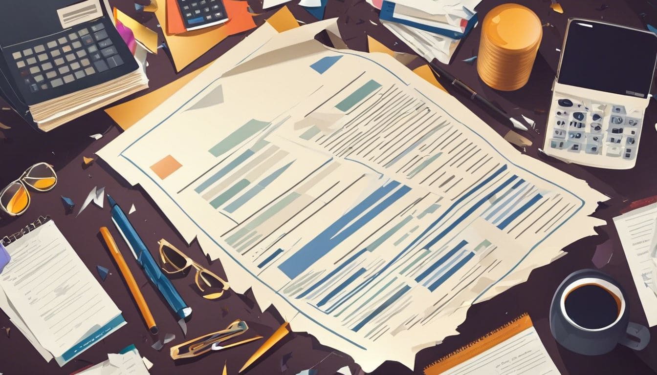 Een verscheurde 2-jarig contract op een rommelig bureau, omringd door kantoorbenodigdheden, benadrukt de frustratie en onzekerheid.