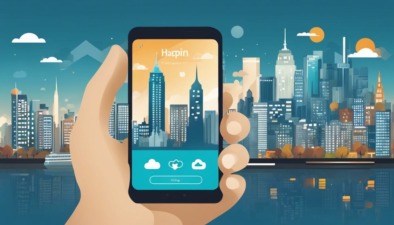 Een smartphone met Happn app en stadsgezicht benadrukt de stedelijke omgeving en multiculturele interacties. Een smartphone met Happn app en stadsgezicht benadrukt de stedelijke omgeving en multiculturele interacties.