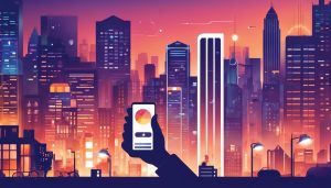 Een persoon gebruikt een smartphone om app-abonnementen te beheren, met stadsgezicht op de achtergrond.