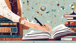 Een persoon die door een tweetalig woordenboek bladert, omringd door Engelse en Nederlandse boeken.