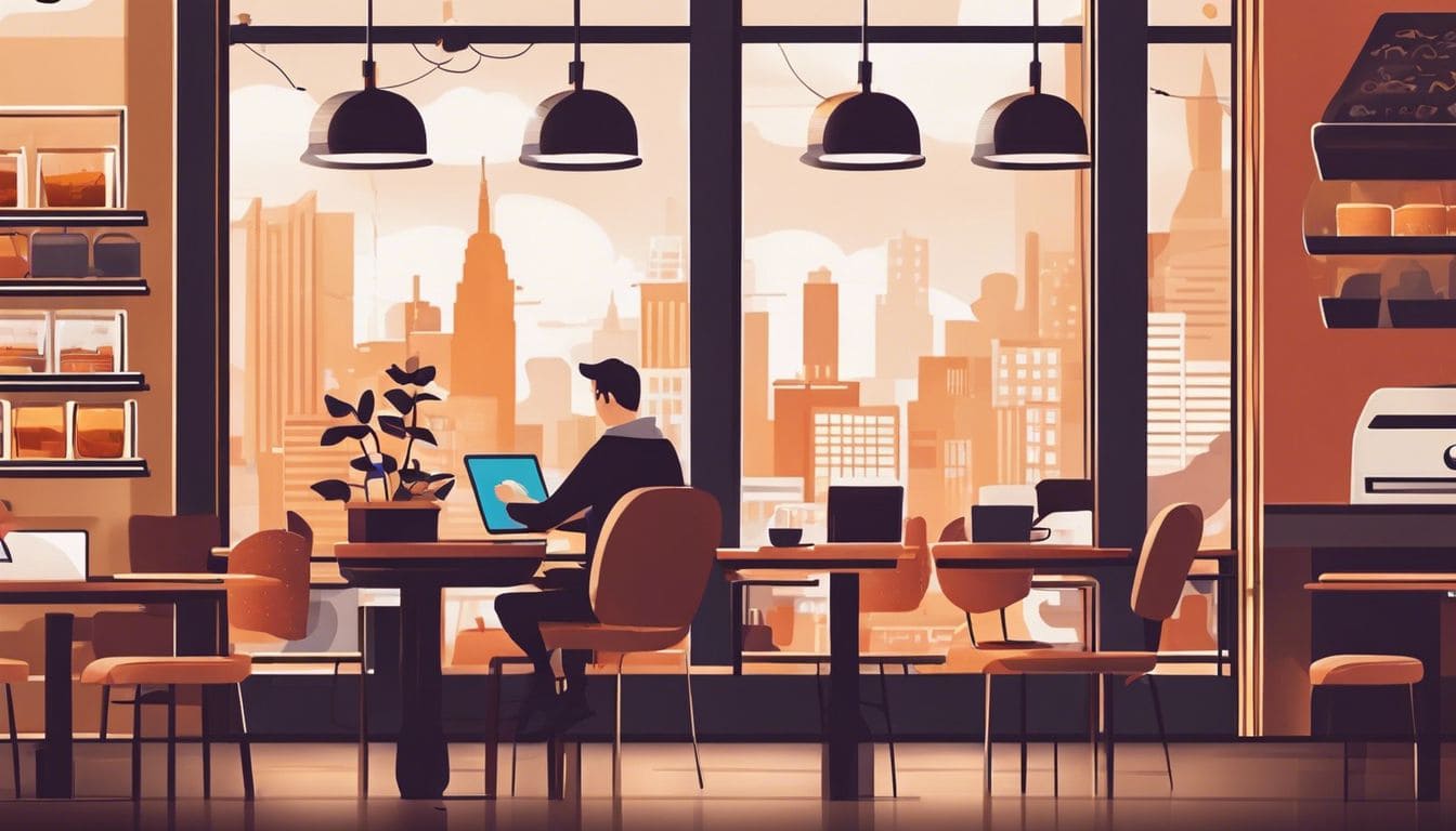 Persoon zit in trendy koffiebar en gebruikt social media op telefoon.