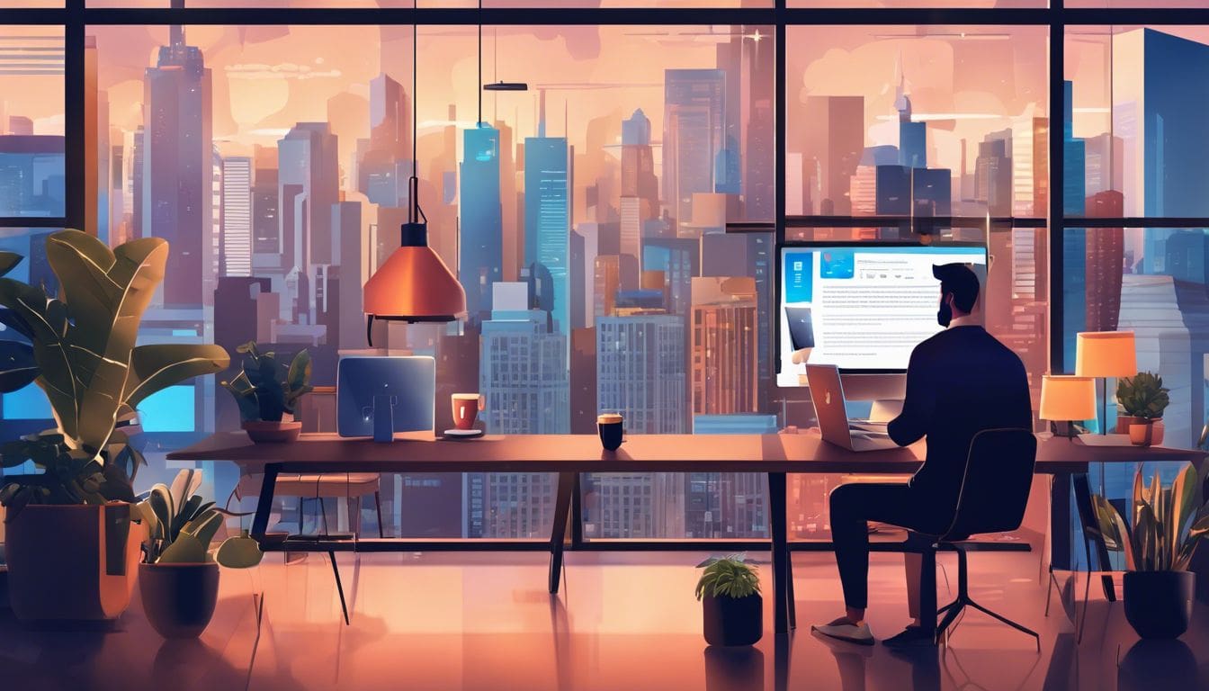 Een persoon die exclusieve inhoud deelt op Instagram, omringd door technologische apparaten en stadsgezichten.