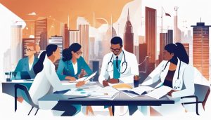 Een groep zorgprofessionals in levendige discussie in een moderne kantooromgeving.