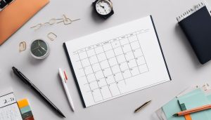 Een klok, kalender en pen op een georganiseerd bureau.