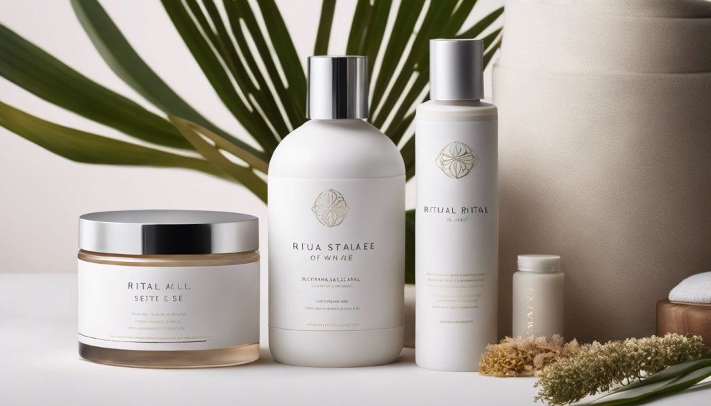 Een vrouw gebruikt de Ritual of Namaste huidverzorgingsset in een spa-achtige omgeving.