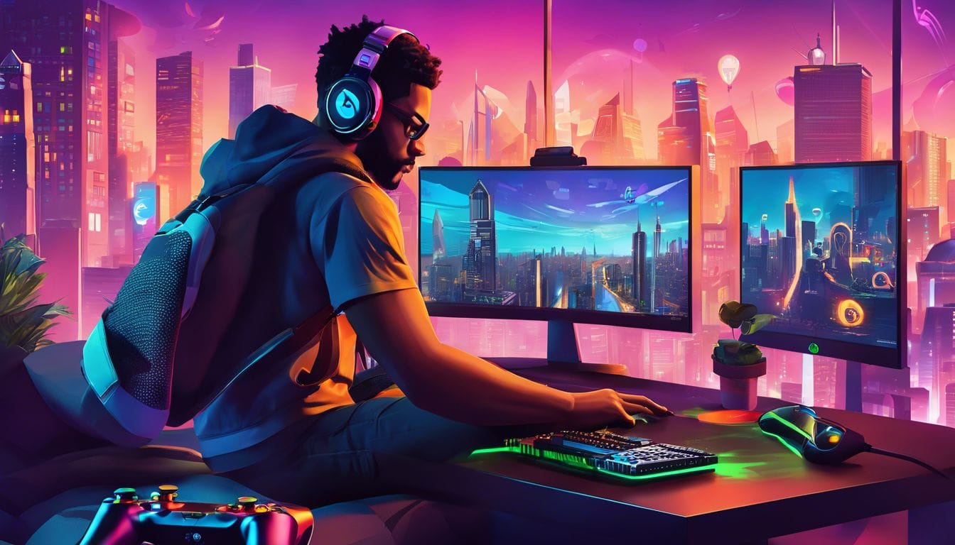 Een opgewonden gamer speelt Ubisoft games op Xbox, omgeven door gaming apparatuur en stadsfotografie.