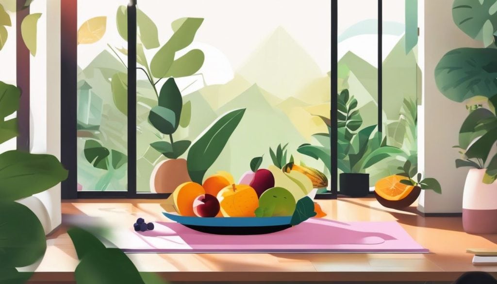 Een levendige kom met verse vruchten omringd door yoga matten en groen, benadrukt gezondheid en welzijn.