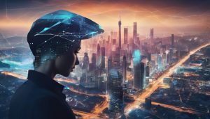 Een futuristisch dashboard van Exact com software met abonnementsgegevens en luchtfotografie.