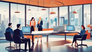 Professionals bespreken Office 365 abonnementen in moderne kantooromgeving.