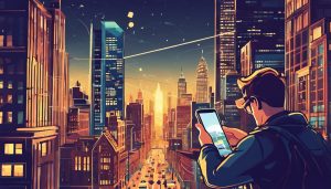 Een persoon in een drukke stedelijke omgeving gebruikt Snapchat op zijn smartphone.