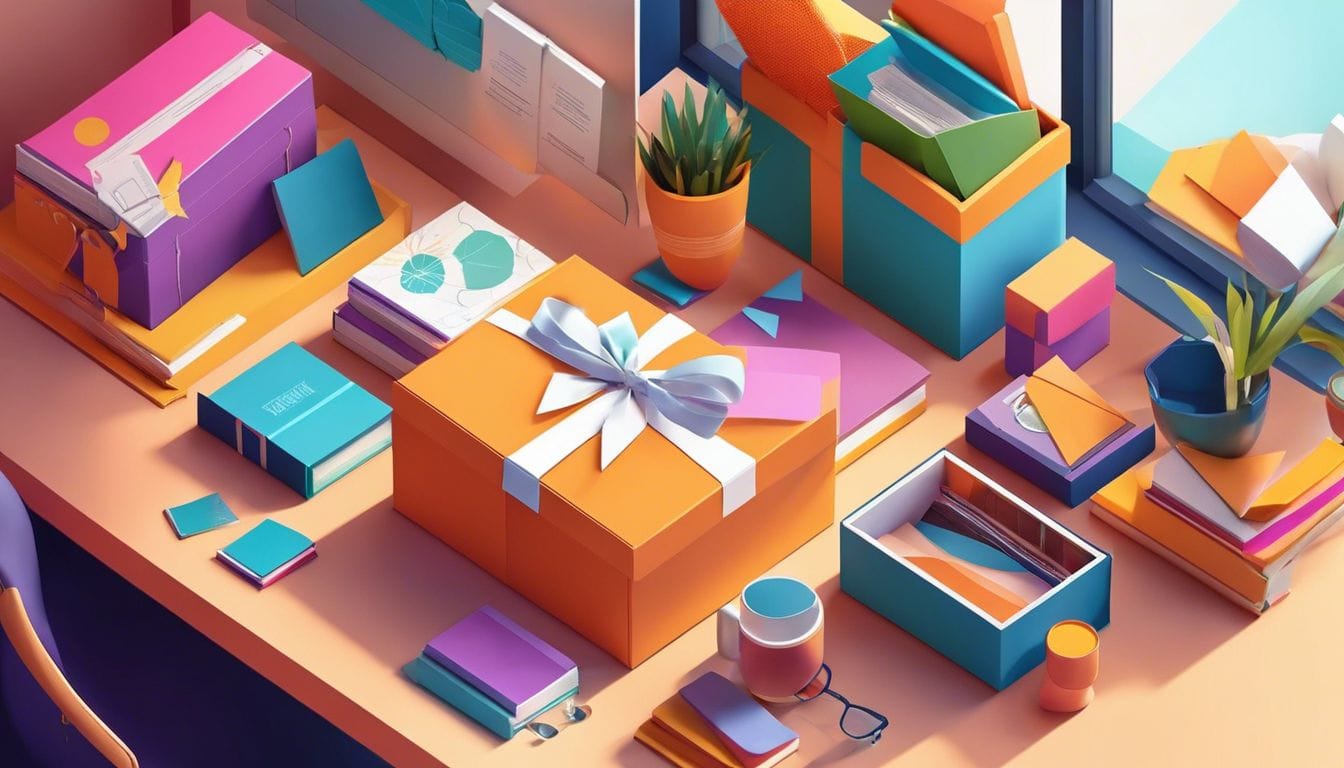 Een stapel abonnementsdozen op een kleurrijk en opgeruimd bureau in een gezellig thuiskantoor.