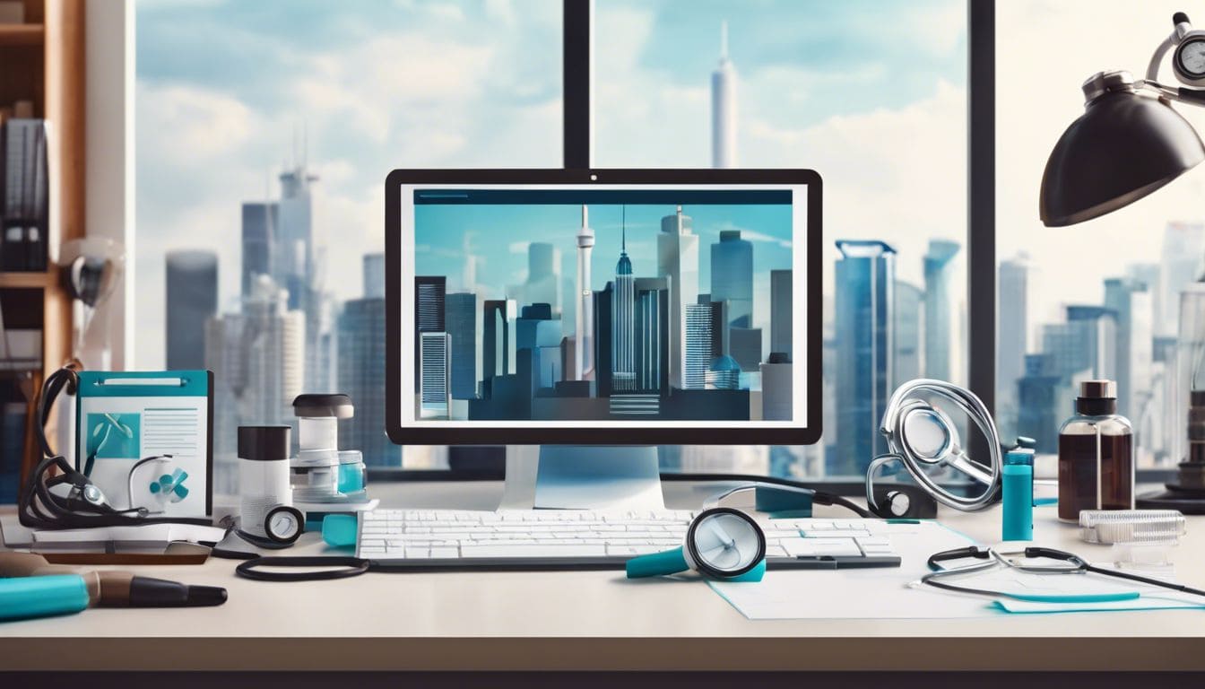Een stethoscoop ligt op een doktersbureau in een moderne medische kantooromgeving.