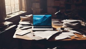 Een verlaten laptop omringd door verspreide papieren op een bureau.