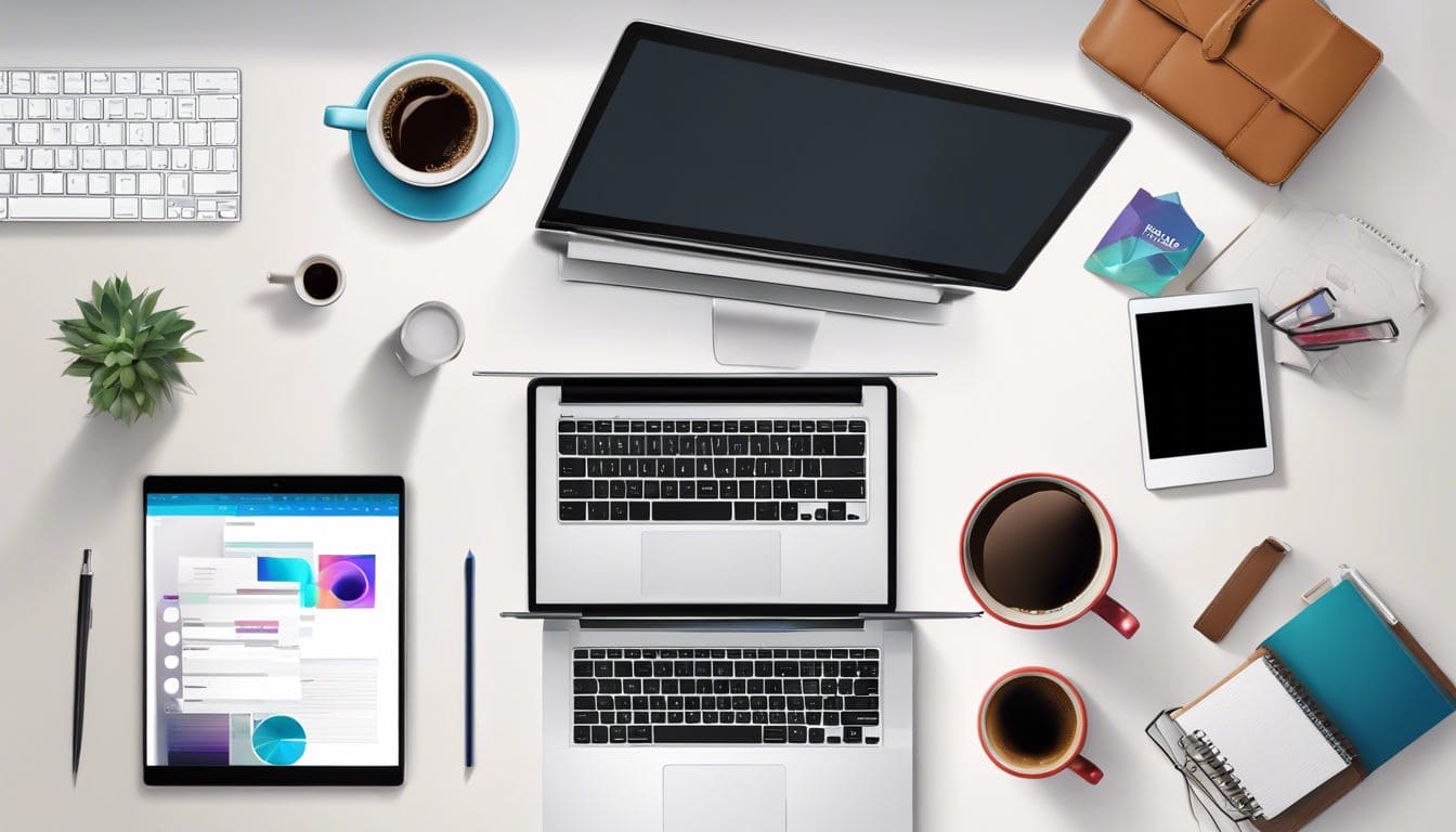 Een opgeruimde werkruimte met een open laptop en Adobe Photoshop.