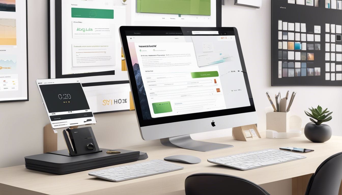 Een opgeruimd bureau met moderne technologie en georganiseerde accessoires.