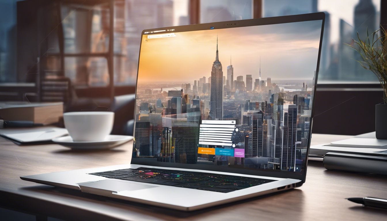 Een open laptop met AVG-website, omringd door kantoorartikelen en stadsgezicht.