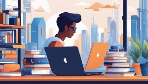 Een persoon werkt op een laptop omringd door stapels AVG-abonnementen.