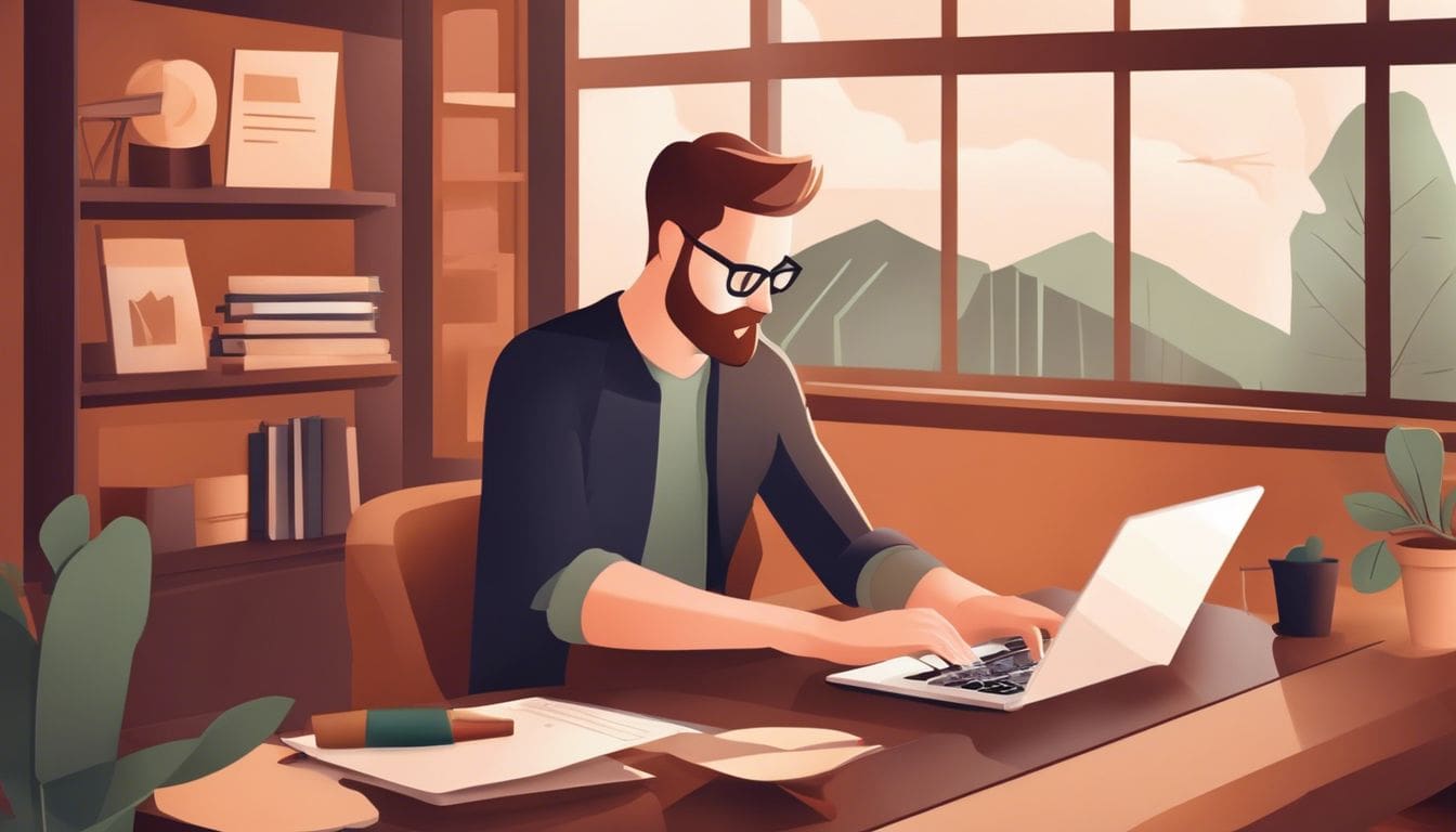 Een persoon typt een professioneel cv op een laptop in een huiselijk kantoor.