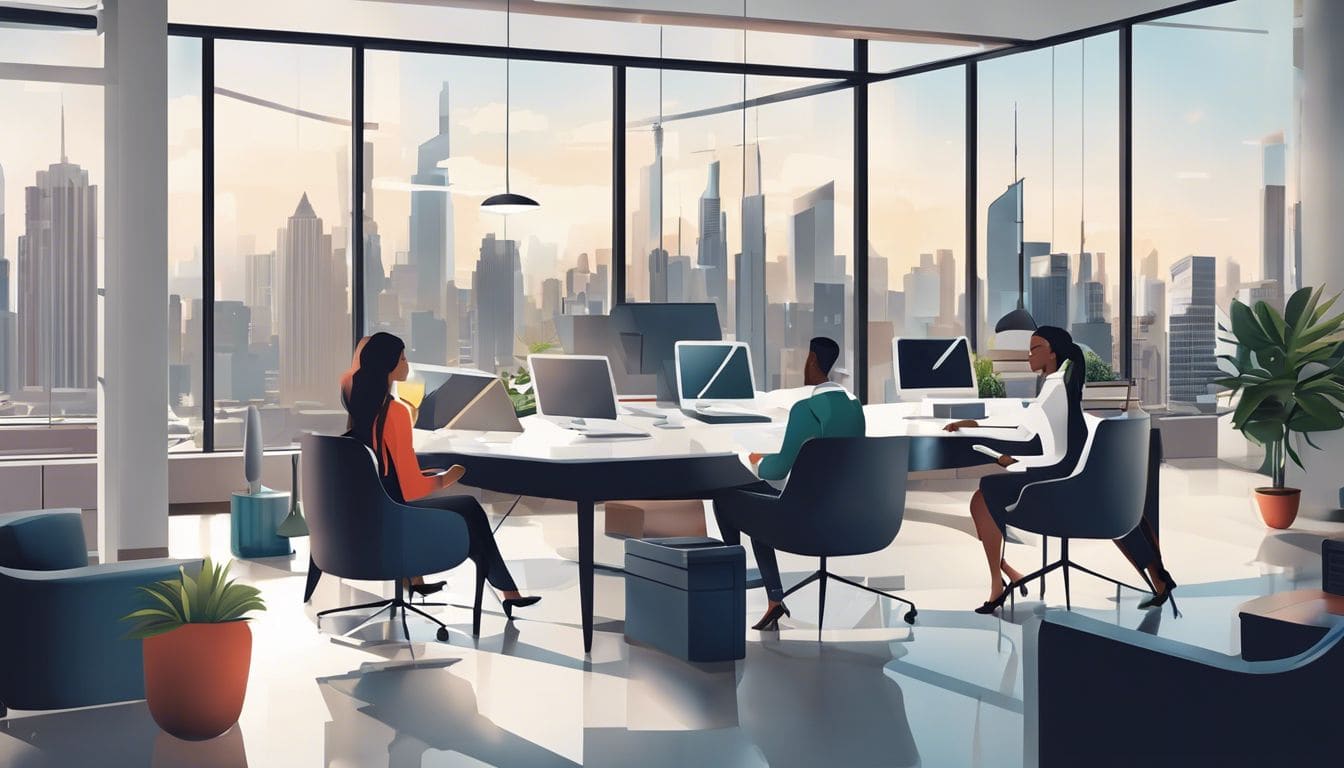 Een team werkt samen in een moderne kantooromgeving met laptops.