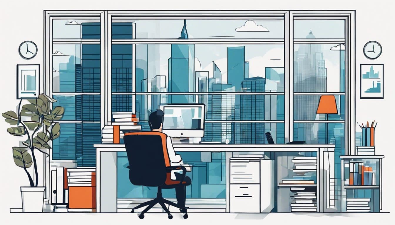 Een gestreste persoon werkt in een kantoor met uitzicht op de stad.