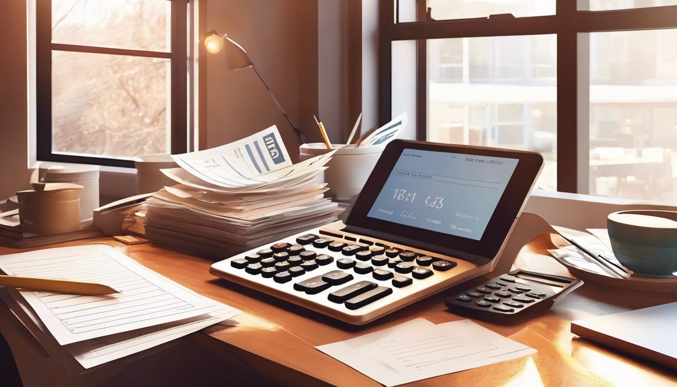 Een stapel maandelijkse rekeningen en facturen in een gezellig thuiskantoor.