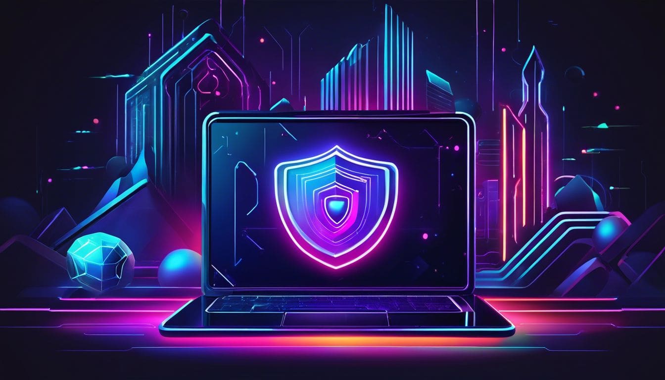 Een veilige laptop omgeven door een beschermend schild in een futuristisch landschap.
