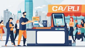 Een bedrijfseigenaar gebruikt een mobiel betaalterminal in een drukke winkelomgeving met een stedelijke skyline op de achtergrond.