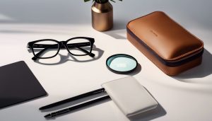 Een modern bureau met bril en lenzendoosje in strakke stijl.