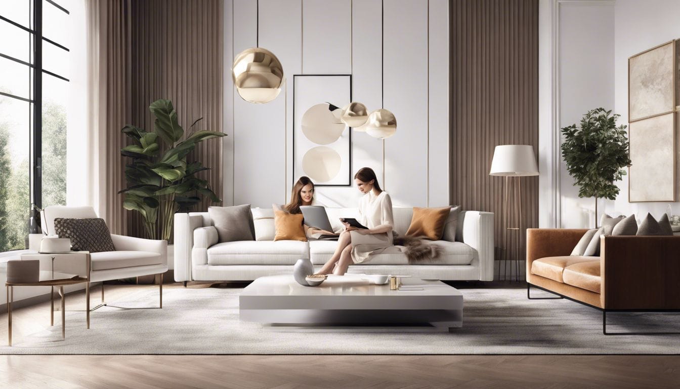 Een vrouw leest Cosmopolitan op haar tablet in een modern ingerichte woonkamer.