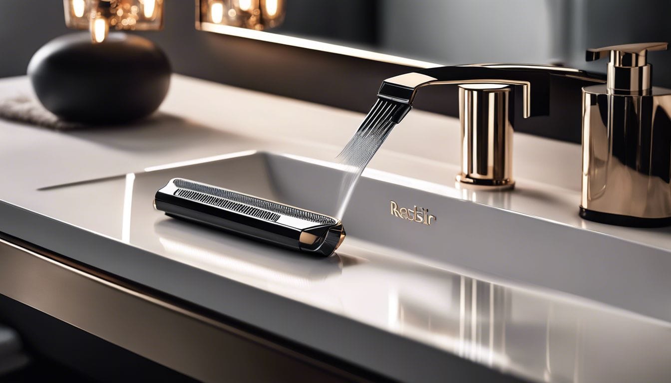 Estrid scheermes op strakke badkamer toonbank met minimalistische metallic accenten.