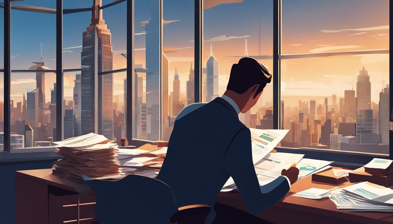 Een persoon ordent papierwerk bij goed verlicht bureau met uitzicht op stadsgezicht.