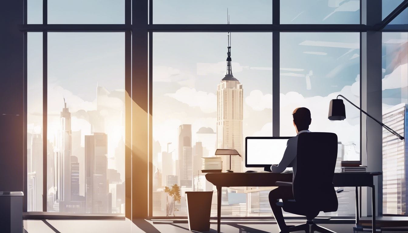Persoon werkt op kantoor met uitzicht op stad, omringd door benodigdheden.