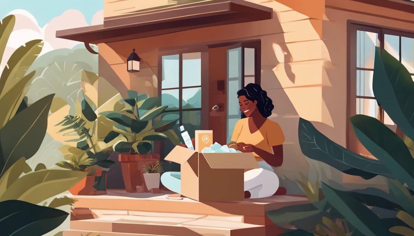 Een vrouw opent enthousiast haar Estrid scheerset bij haar voordeur.