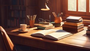 Een stapel puzzelboeken en een pen op een bureau in een gezellige studeerkamer.