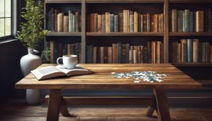 Een gezellige leeshoek met puzzelboeken, thee en natuurthema fotografie.
