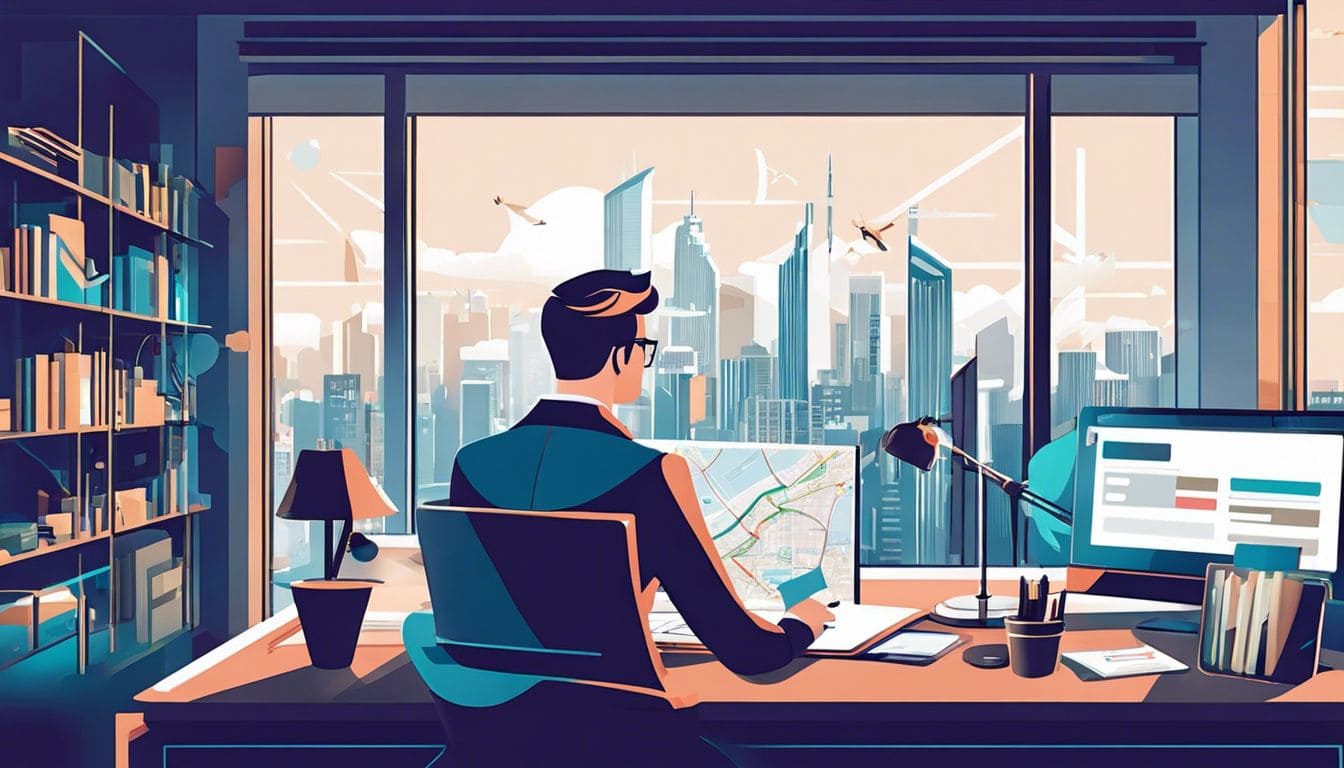 Persoon sorteert Moneybird-abonnementen op georganiseerd bureau in stedelijke omgeving.