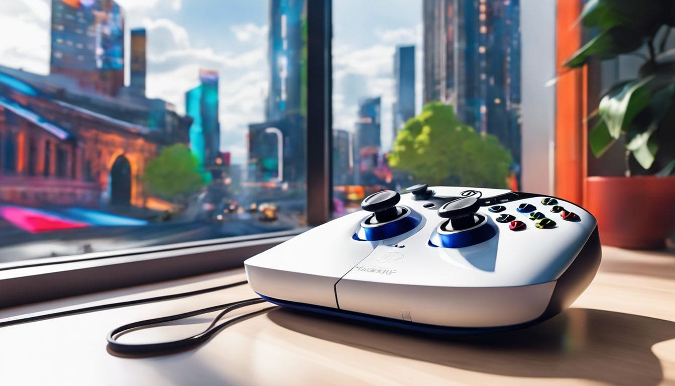Een strak ontworpen EA Play controller en spelconsole op een opgeruimd bureau.