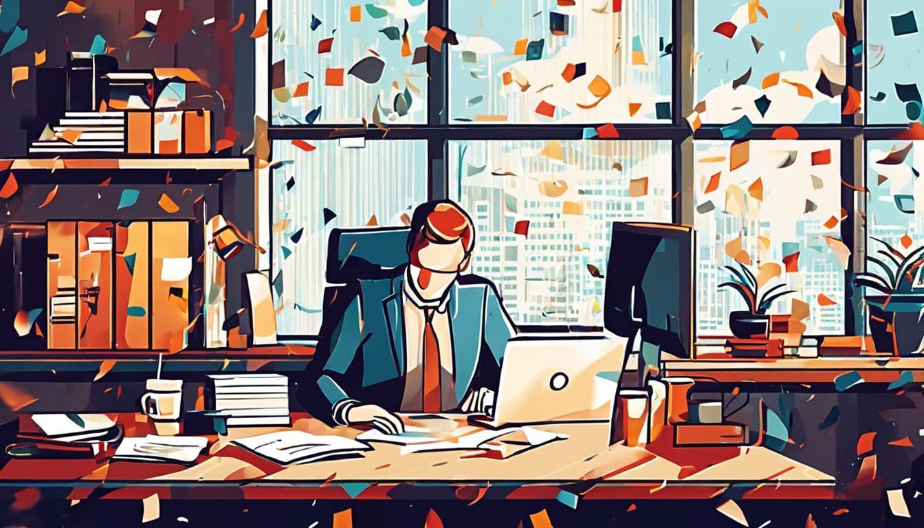 Persoon annuleert abonnement op de computer in rommelig kantoor.