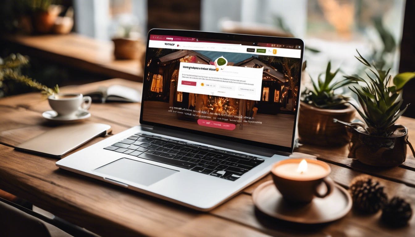 Beoordelingen van Naughty Dating op een laptop op een houten tafel.