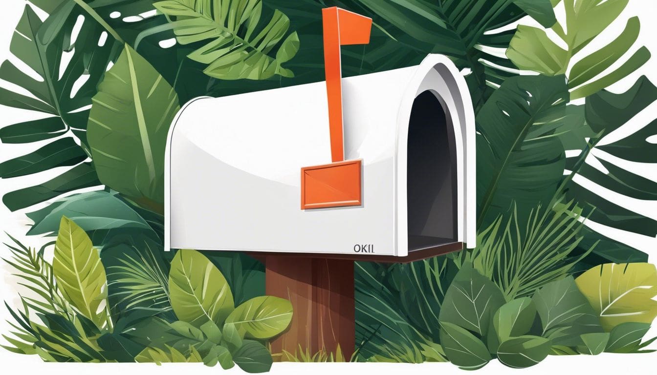 Een brievenbus met stapel Okki-tijdschriften, omgeven door weelderige natuur.