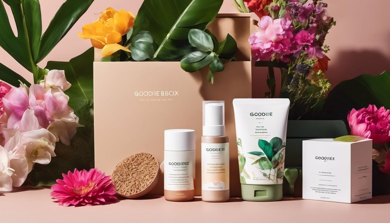 Een selectie van Goodiebox schoonheidsproducten in natuurlijke omgeving met bloemen en planten.