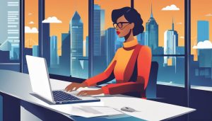 Iemand gebruikt Google Drive op een laptop in een modern kantoor.