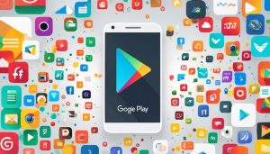 Een smartphone met Google Play Store app en digitale service-icoontjes.