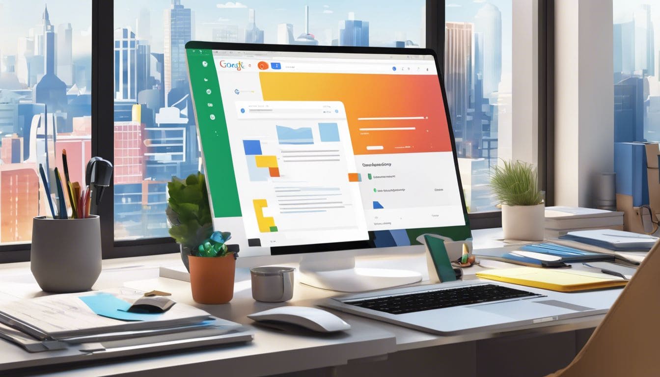 Een moderne kantooromgeving met Google Workspace abonnementsopties en kantoorbenodigdheden.
