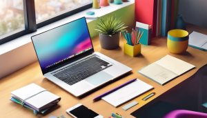 Een moderne kantoorwerkplek met laptop, notitieboek en kleurrijke kantoorbenodigdheden.