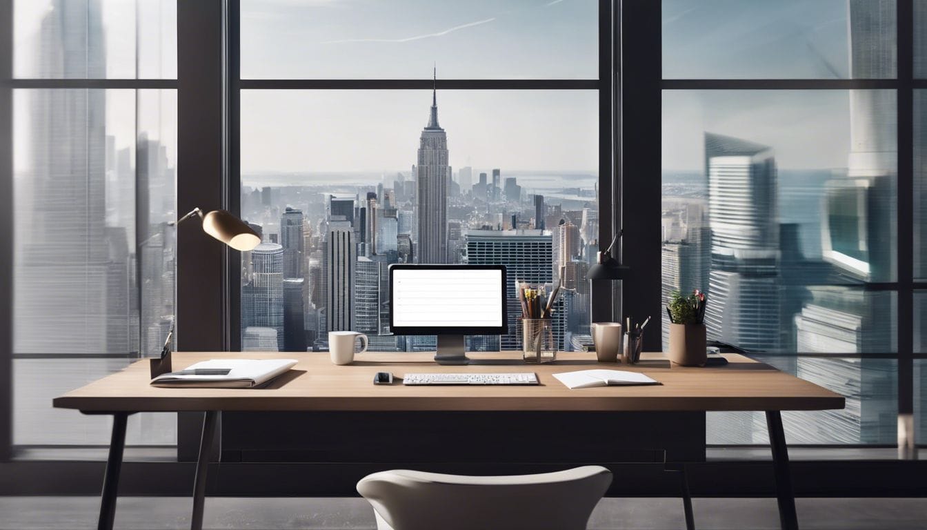 Een opgeruimd bureau met moderne technologie en uitzicht op de stad. Een opgeruimd bureau met moderne technologie en uitzicht op de stad.