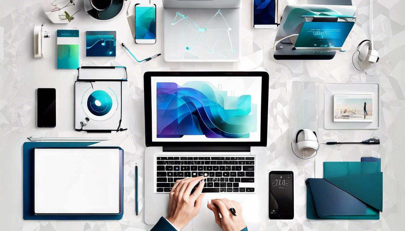 Een persoon met een laptop in een futuristische en minimalistische omgeving.