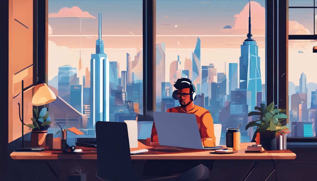 Een persoon die zelfverzekerd zijn Bitdefender-abonnement annuleert op een moderne laptop, met een stadsskyline zichtbaar door het raam en een rommelig bureau met verschillende technische gadgets en papierwerk, met een gevoel van opluchting en bevrijding van digitale beveiligingsbeperkingen.