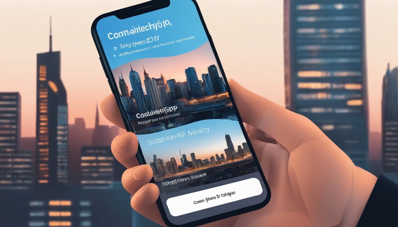 Persoon kiest stadsgezicht fotografie abonnement op smartphone.