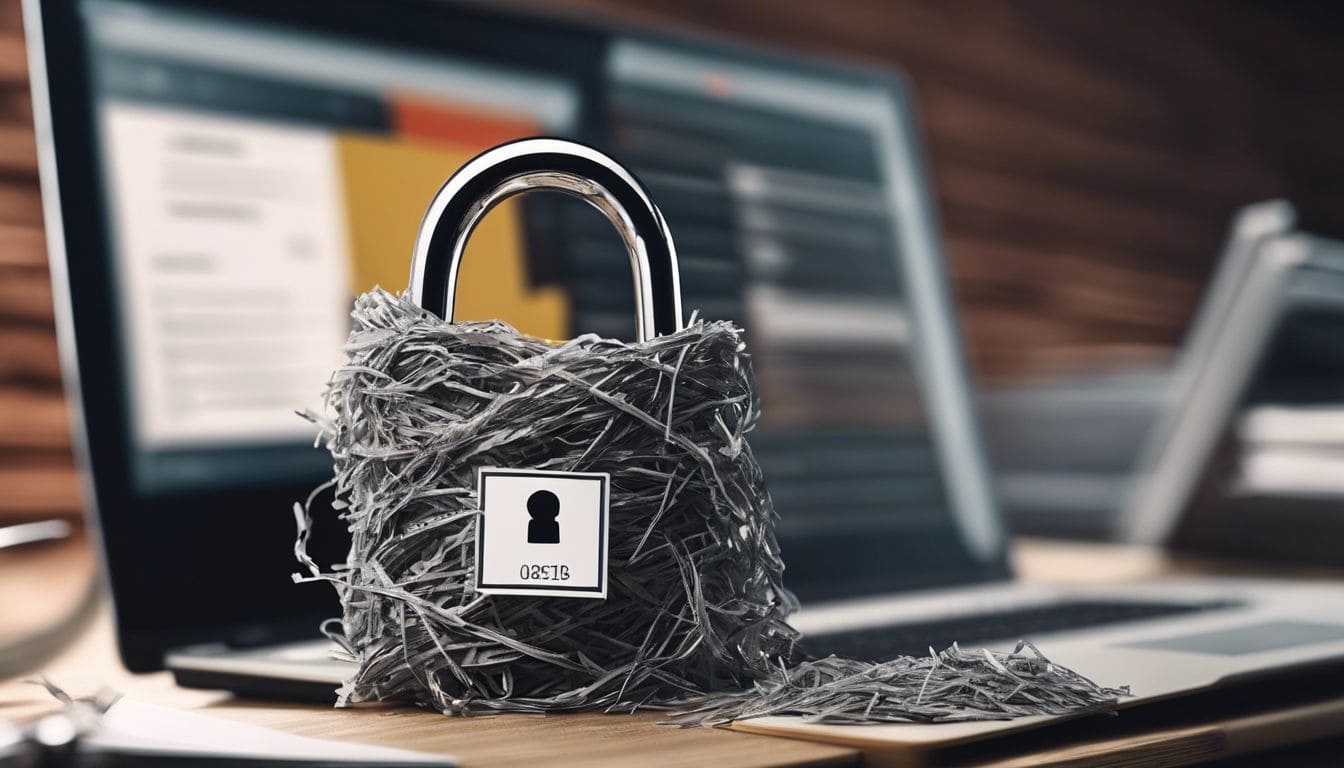 Een stuk versnipperd papier met een hangslot voor een computerscherm, benadrukt beveiliging en encryptie. Een stuk versnipperd papier met een hangslot voor een computerscherm, benadrukt beveiliging en encryptie.